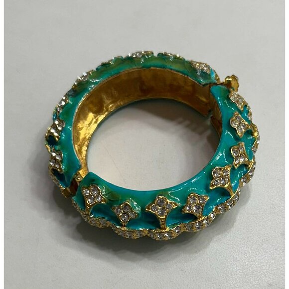 Rare ViTG 1960's Era Kenneth Jay Lane Turquoise Crystals Gold Tone Hinged Bangle - Picture 2 of 11